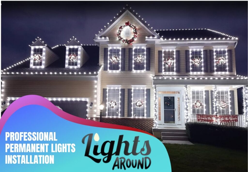 House decorated with professional Christmas lights along roof and windows.